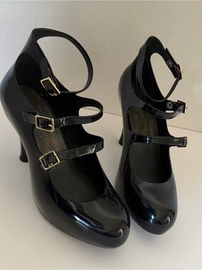 Melissa Glossy Black Triple-Strap Heeled Mary Janes